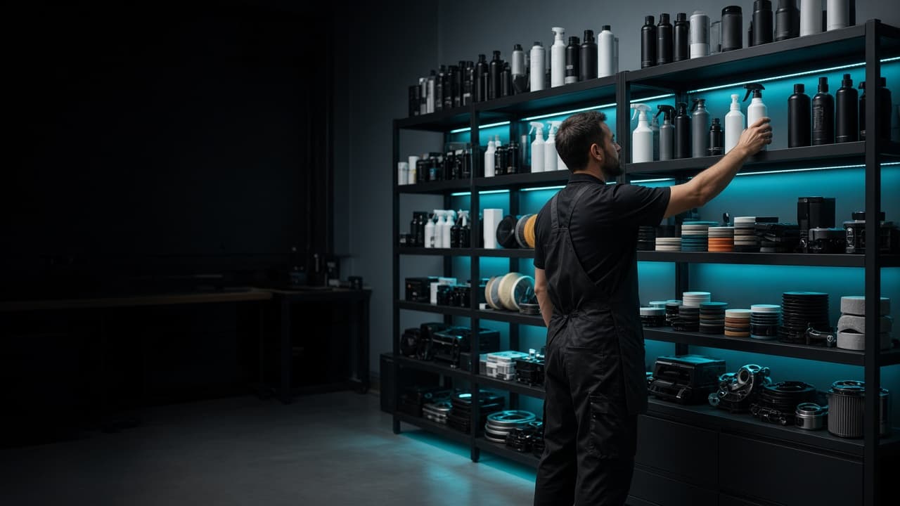 Detailing chemicals and parts inventory shelves