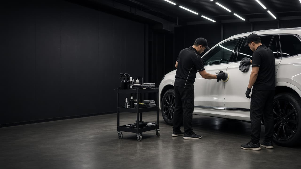 Workshop staff detailing a vehicle together