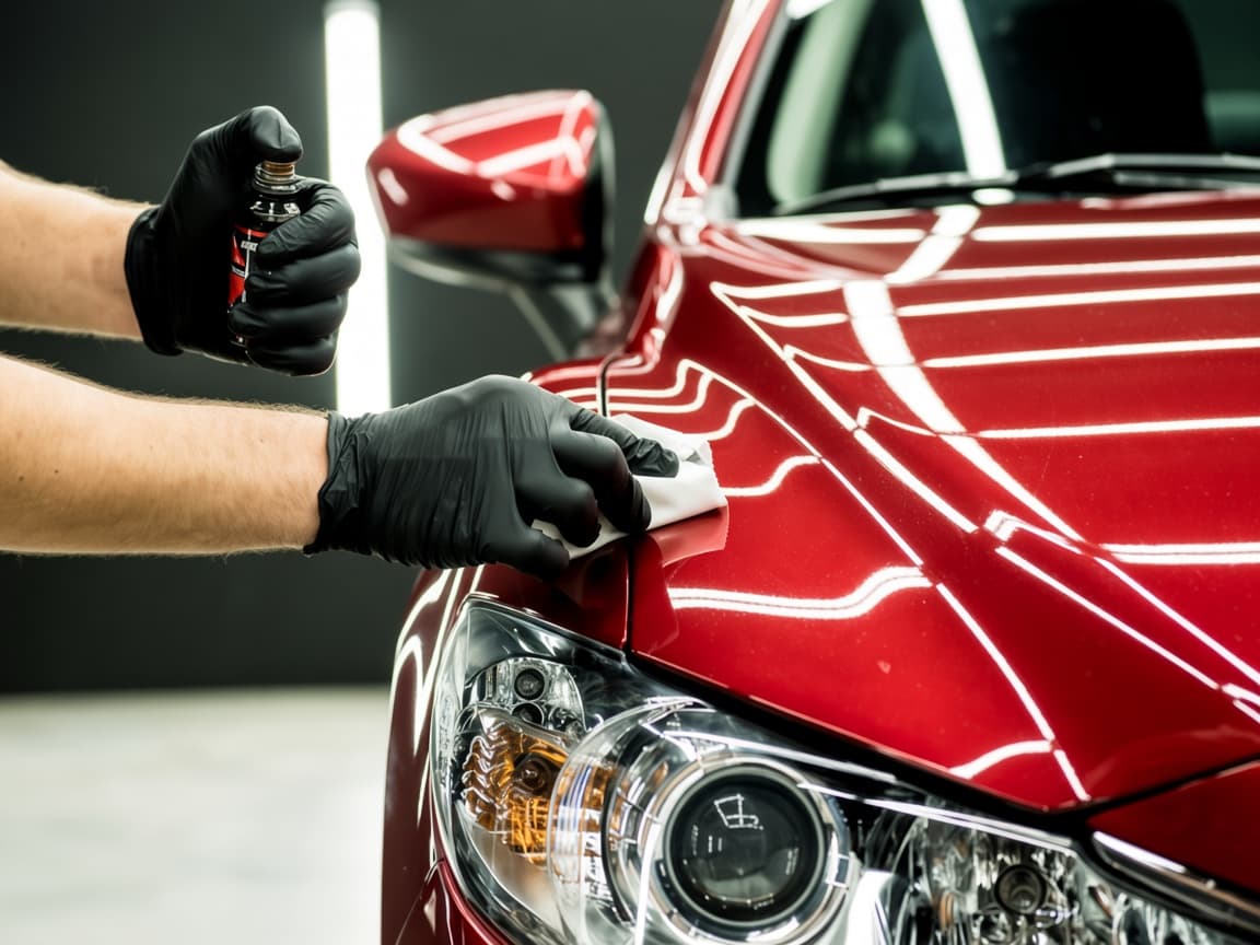 Detailer applying coating to a polished car panel in studio