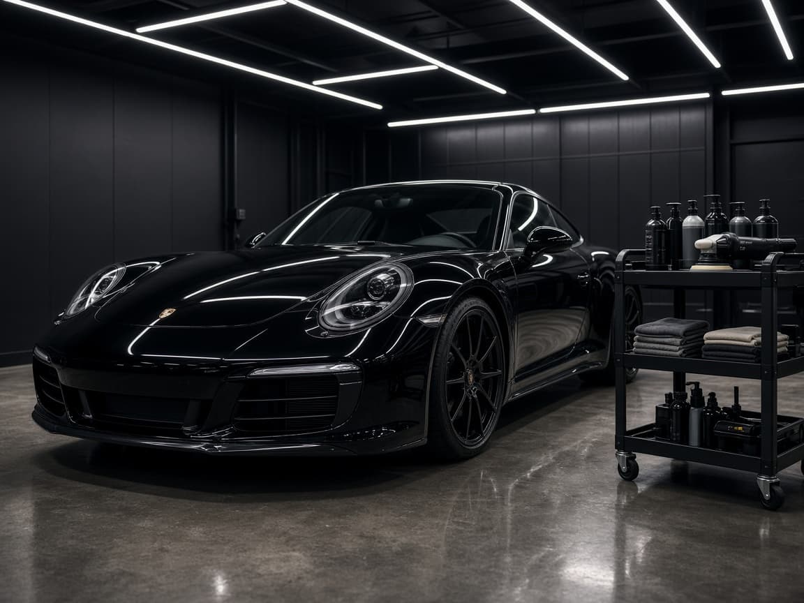 Sports car staged in a premium detailing studio bay