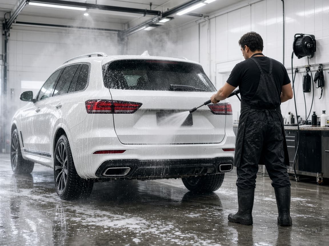 Vehicle foam wash in a professional detailing wash bay