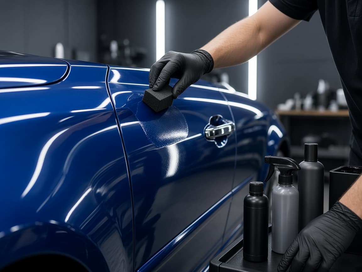 Ceramic coating applied by hand in a detailing studio