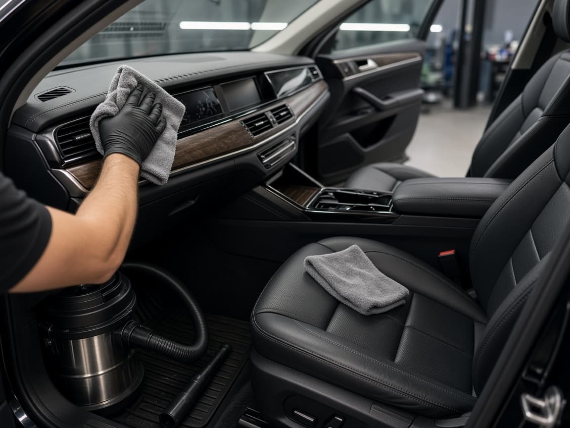 Interior detailing of a luxury car cabin in the workshop