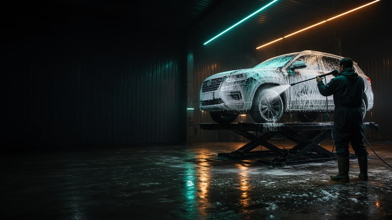 Foam wash in progress on a vehicle