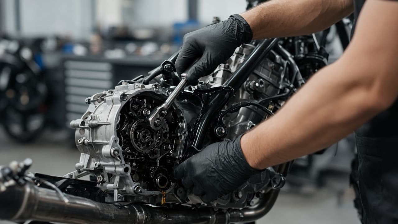 Mechanic servicing a motorcycle engine
