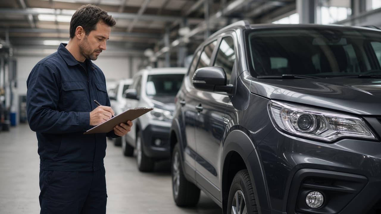 Technician inspecting a commercial fleet vehicle