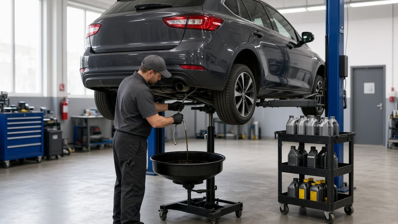Technician performing an oil change on a lift